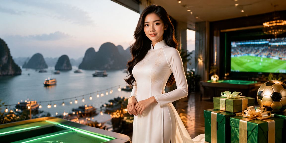 Phụ nữ mặc áo dài đặt cược trực tuyến với phông nền vịnh Hạ Long kỳ vĩ